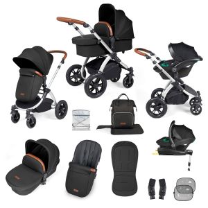Silver - Stomp Luxe All in One i-Size Travel System Silver/Midnight Black/Tan