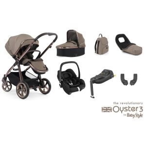 Babystyle Oyster 3 Mink Luxury Bundle, Maxi cosi cabriofix i size and Isofix Base showing all included items