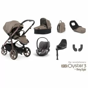 Babystyle Oyster 3 Mink Luxury Bundle, Cybex Cloud T and Isofix Base showing the included items