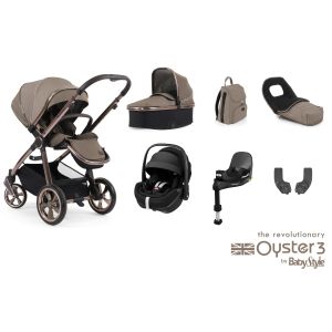 Babystyle Oyster 3 Mink Luxury Bundle, Maxi cosi Pebble 360 Pro and Isofix Base showing the included items