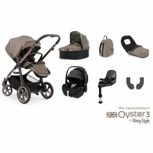Babystyle Oyster 3 Mink Luxury Bundle, Maxi cosi Pebble 360 Pro and Isofix Base showing the included items