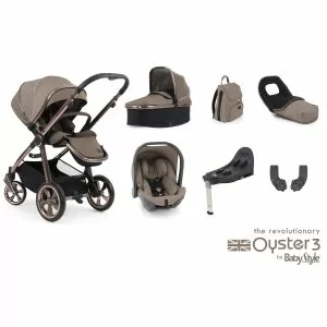 Babystyle Oyster 3 Mink Luxury Bundle, Babystyle Capsule and Isofix Base showing the included items