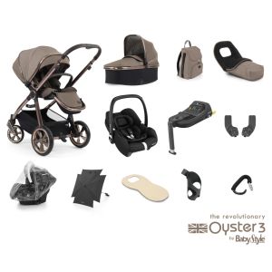 Mink -  Babystyle Oyster 3 Ultimate Bundle with Cabriofix i-Size showing the included items