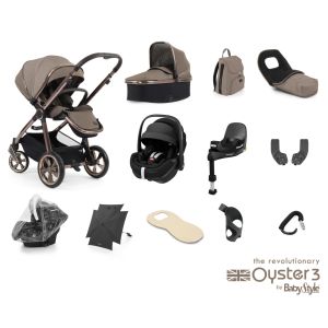 Mink -  Babystyle Oyster 3 Ultimate Bundle with Pebble 360 Pro i-Size showing the included items