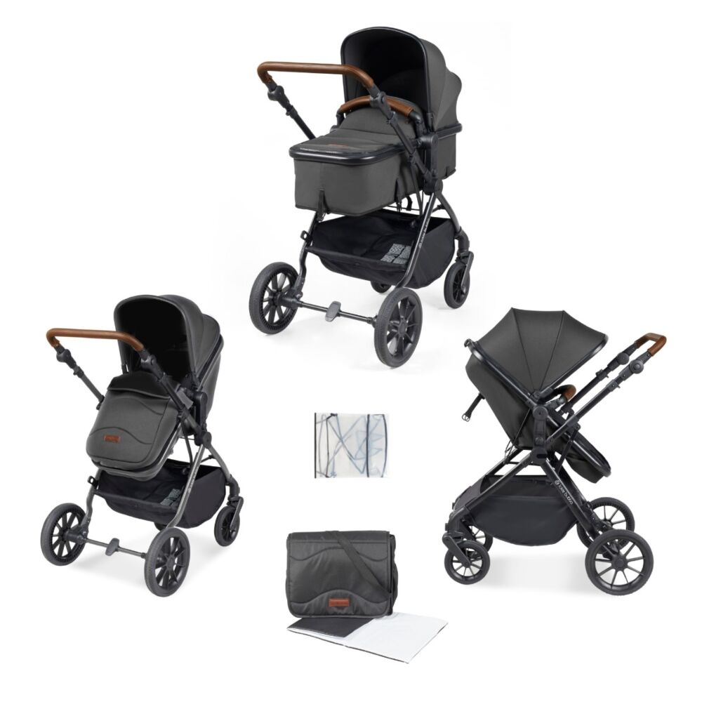 Black/Graphite Grey/Tan - Cosmo 2 in 1 Pushchair Set showing the included items