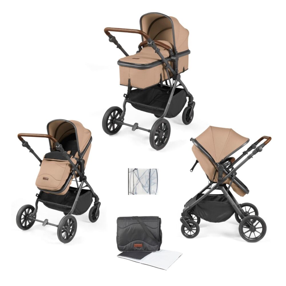 Gun Metal/Desert/Tan - Cosmo 2 in 1 Pushchair Set showing the included items