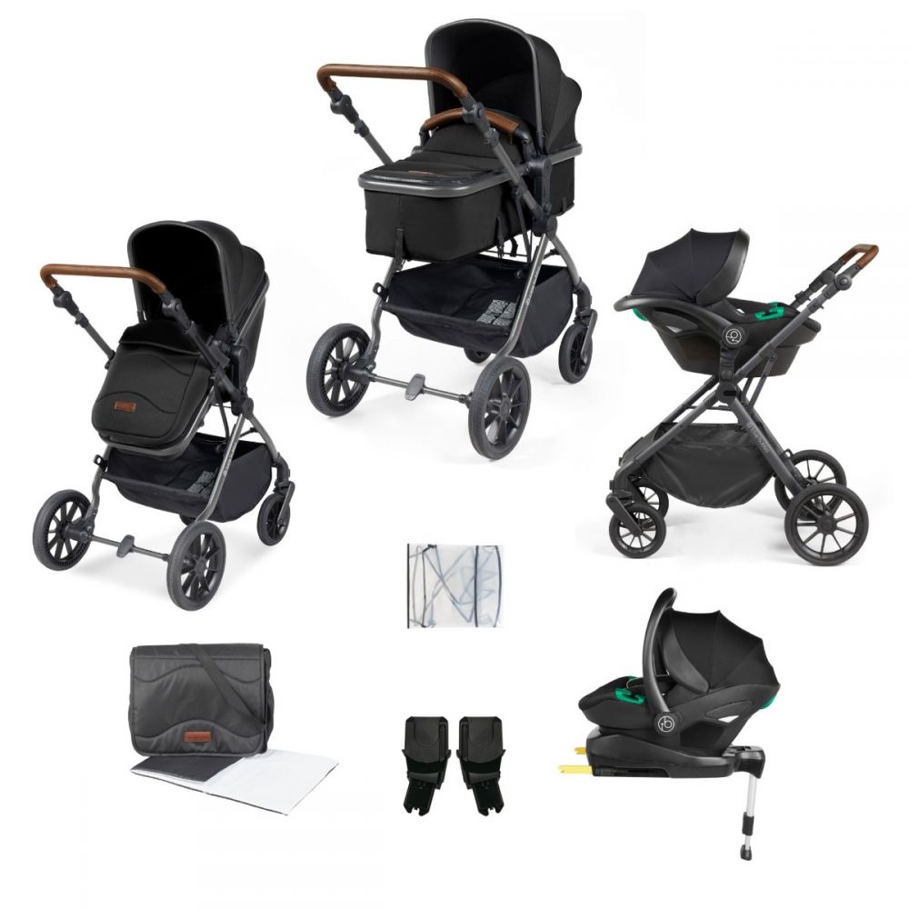 Gun Metal/Black/Tan - Cosmo All in one i-Size Travel System with Isofix Base showing all the included items