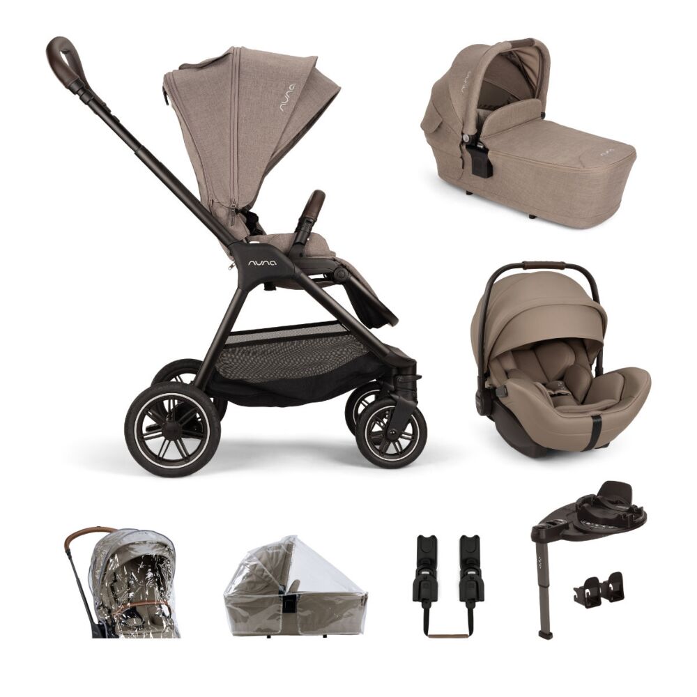 Nuna Triv Next with Lytl carrycot, Arra Flex lie flat car seat and Base Curv in Cedar