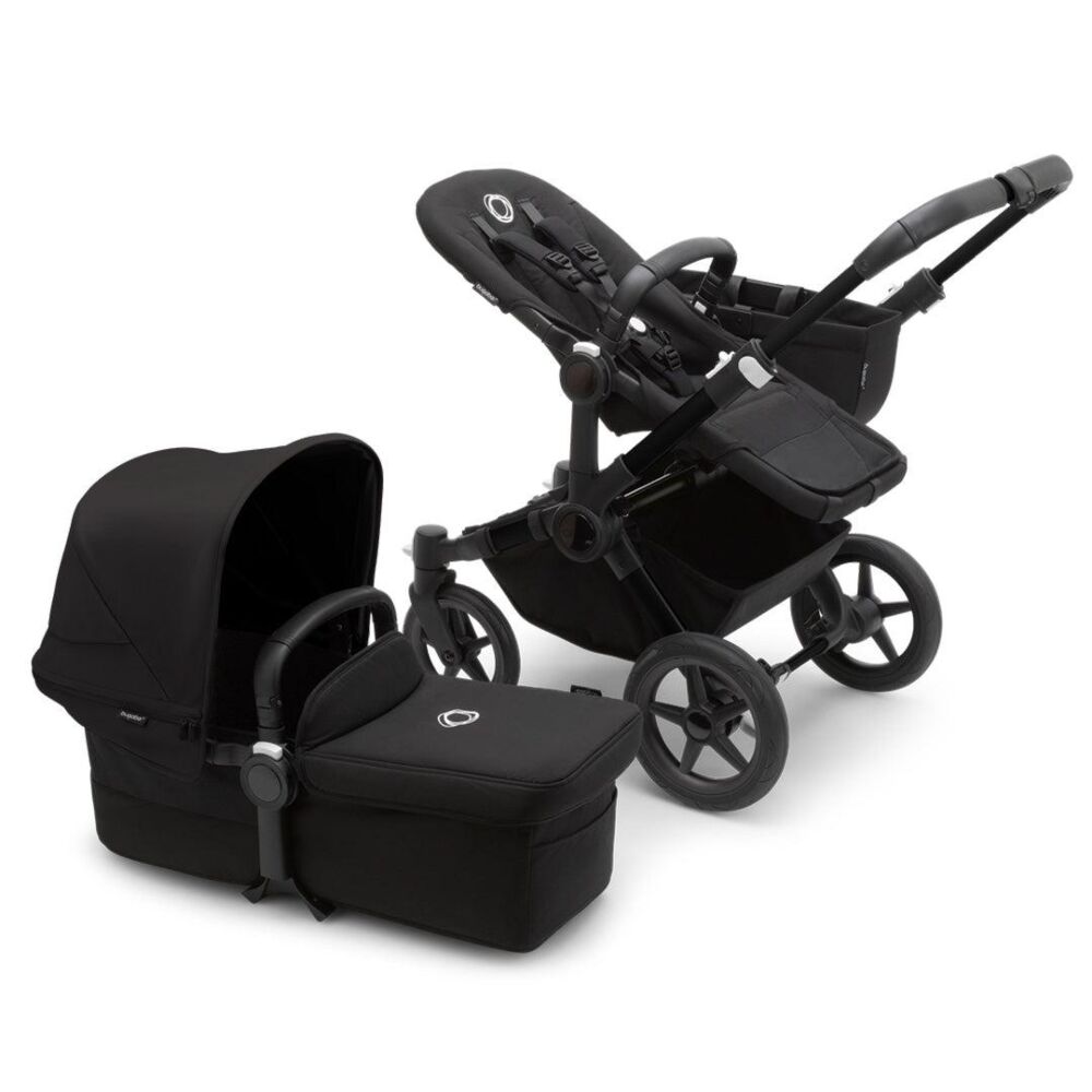 Black/Midnight Black Mono - Bugaboo Donkey 5 shown with seat and carrycot with chassis