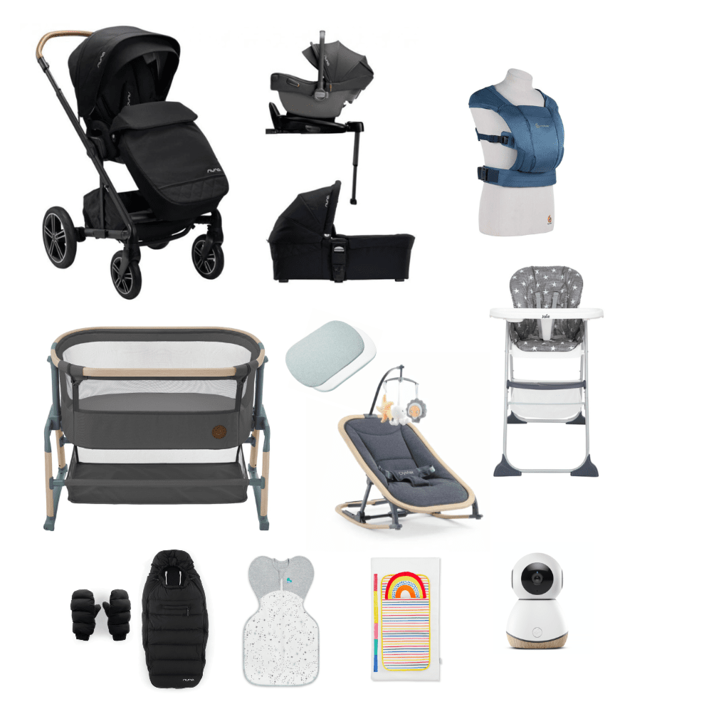 Nuna Mixx next newborn essentials bundle includes pipa next, isofix, Ergobaby embrace - Blue, Joie mimzy, oyster rocker, Maxi cosi Iora Air and sheets, Maxi cosi see monitor, Swaddle up, Footmuff and gloves and Ickle bubba changing mat.