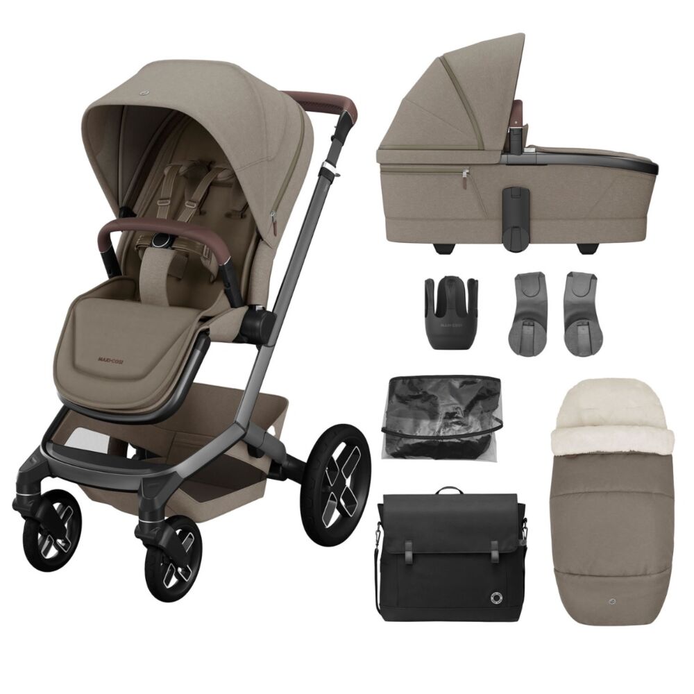 Maxi Cosi FAME 7 piece Essential bundle Twillic Truffle (Black Wheels)