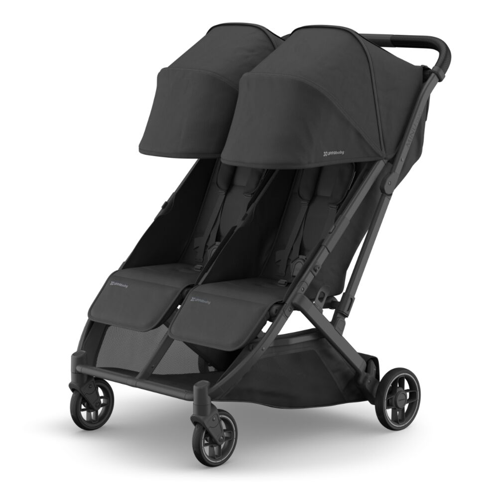 Uppababy Minu Duo - Jake (Carbon/Black Leather) shown at an angle