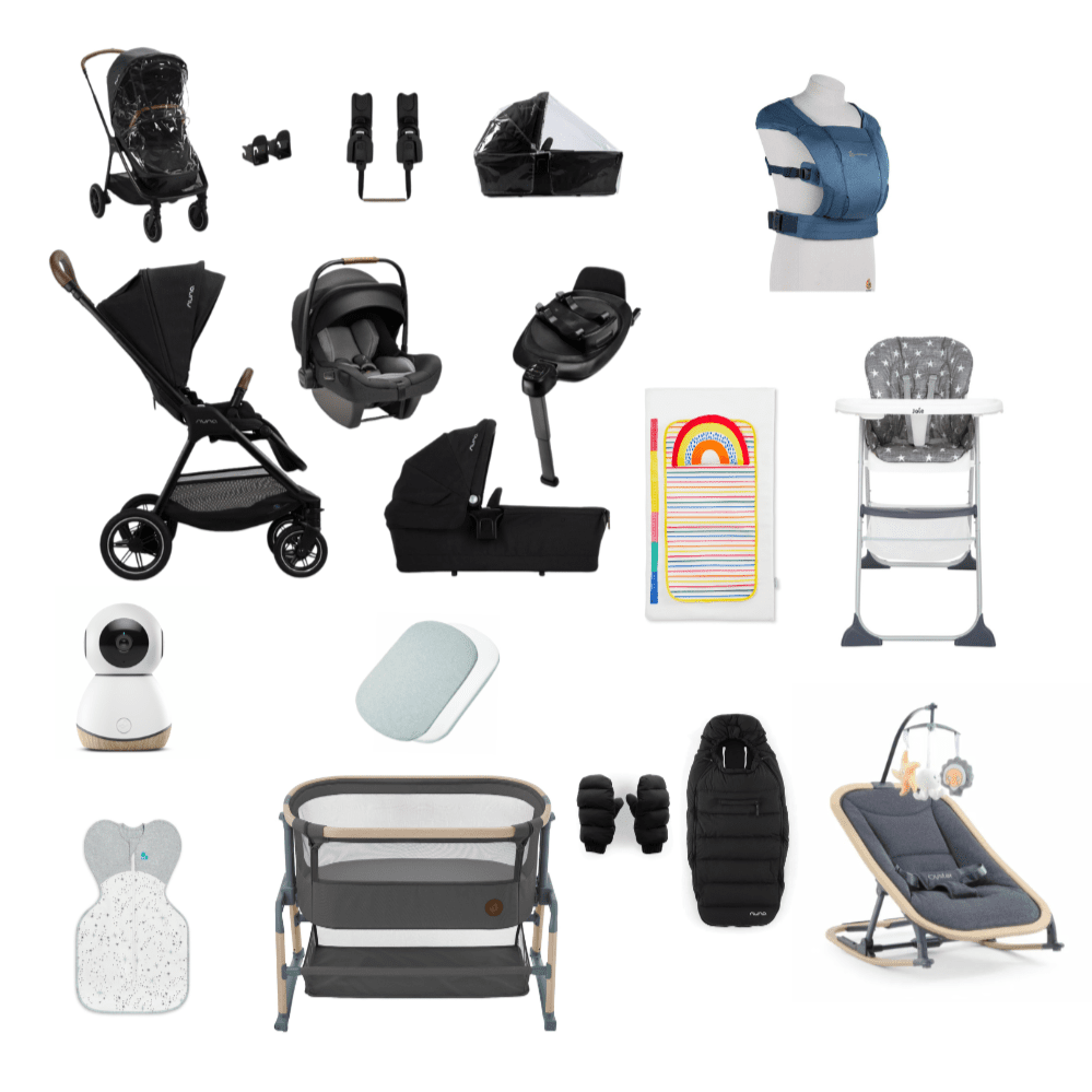 Nuna Triv next newborn essentials bundle includes pipa next, isofix base, Ergobaby embrace, Ickle bubba changing mat, footmuff and gloves, highchair, Maxi cosi See monitor, Maxi cosi iora air and sheets, Swaddle up and oyster rocker 