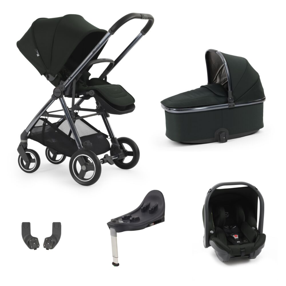 Babystyle Oyster Gravity+ 5 in 1 travel system in Black Olive with carrycot, capsule car seat and base