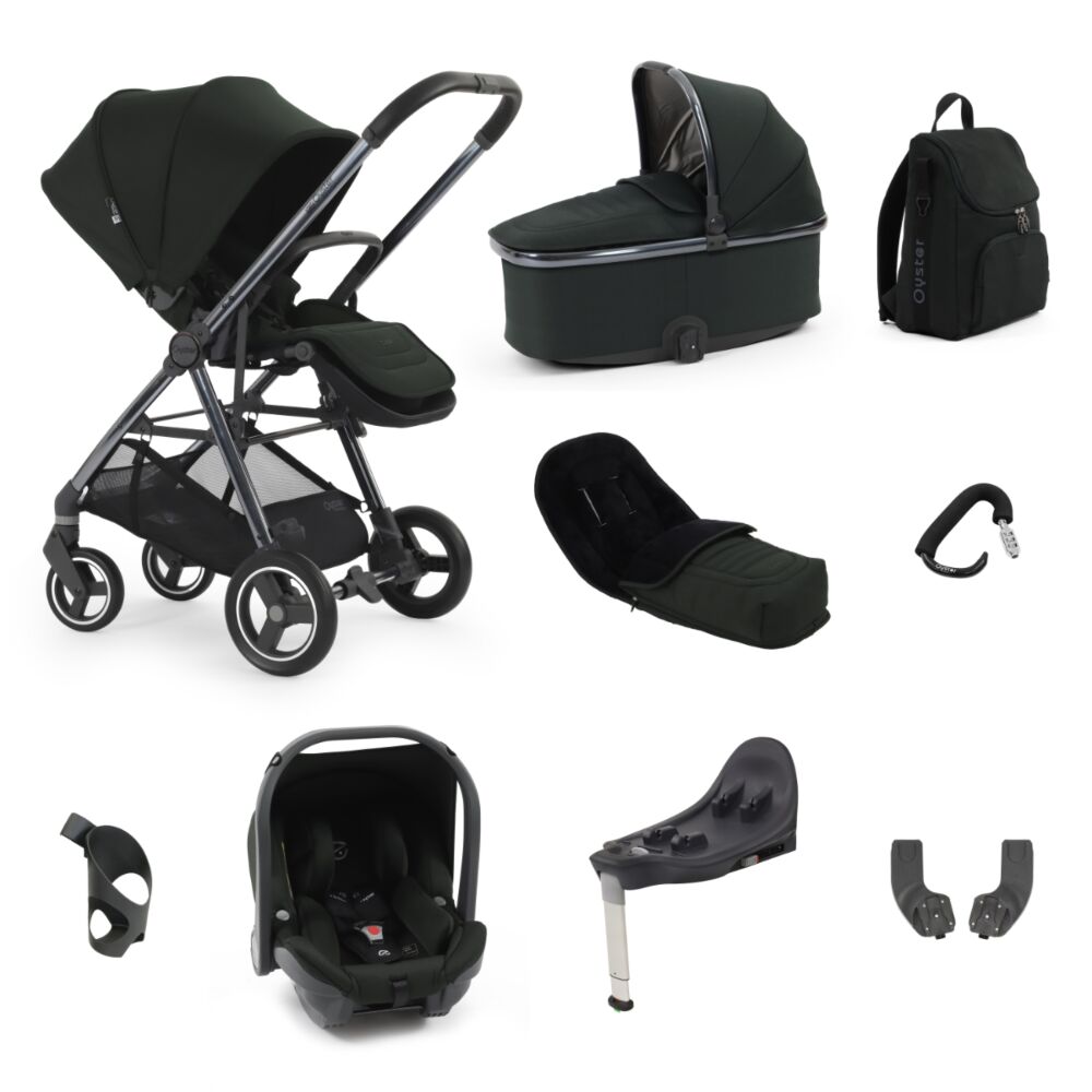 Babystyle Oyster Gravity+ 5 in 1 travel system in Black Olive with carrycot, capsule car seat, base, accessories, footmuff, changing bag, clamp and cup holder