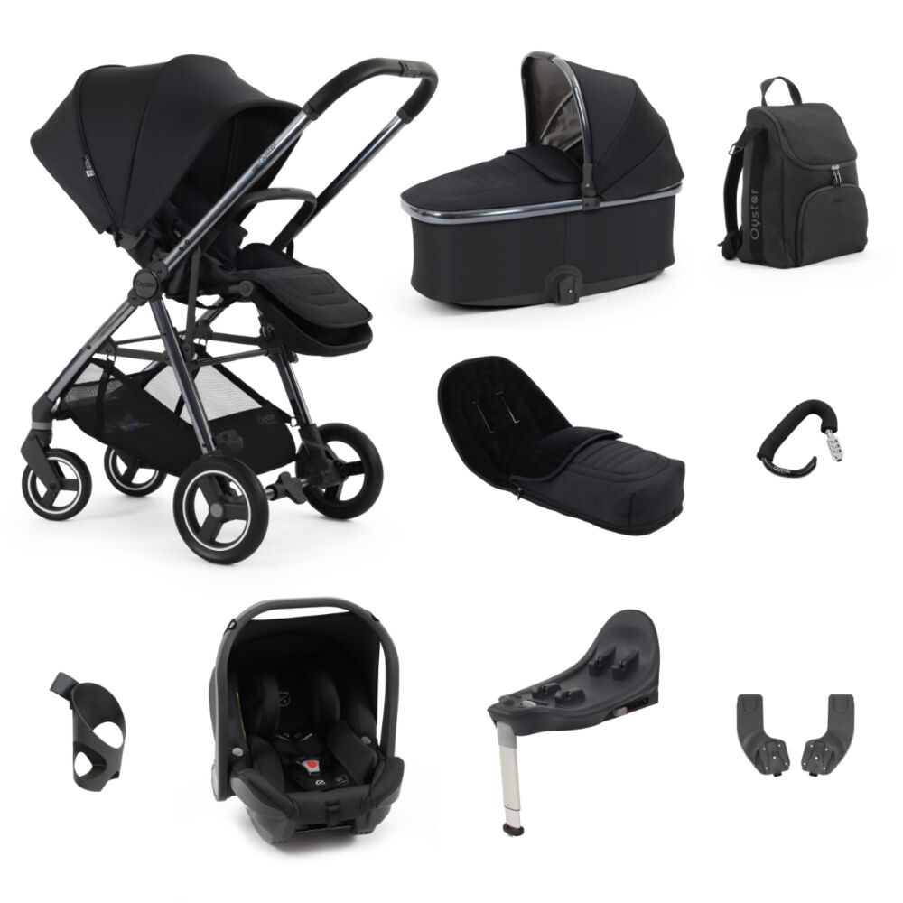  Babystyle Oyster Gravity+ 9 in 1 Travel System - Carbonite with footmuff, capsule car seat, carrycot, changing bag and cup holder