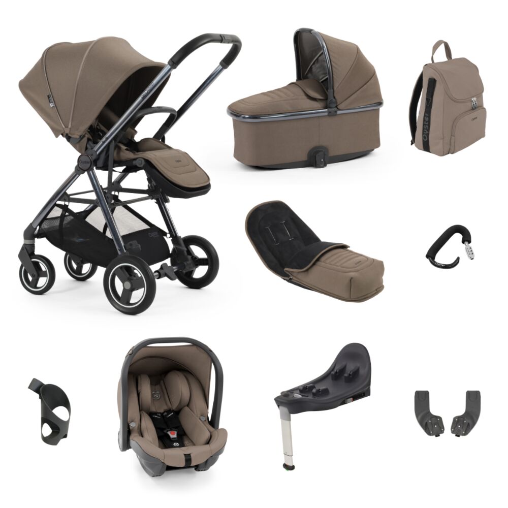 Babystyle Oyster Gravity+ 9 in 1 Travel System - Mink with footmuff, capsule car seat, carrycot, changing bag and cup holder