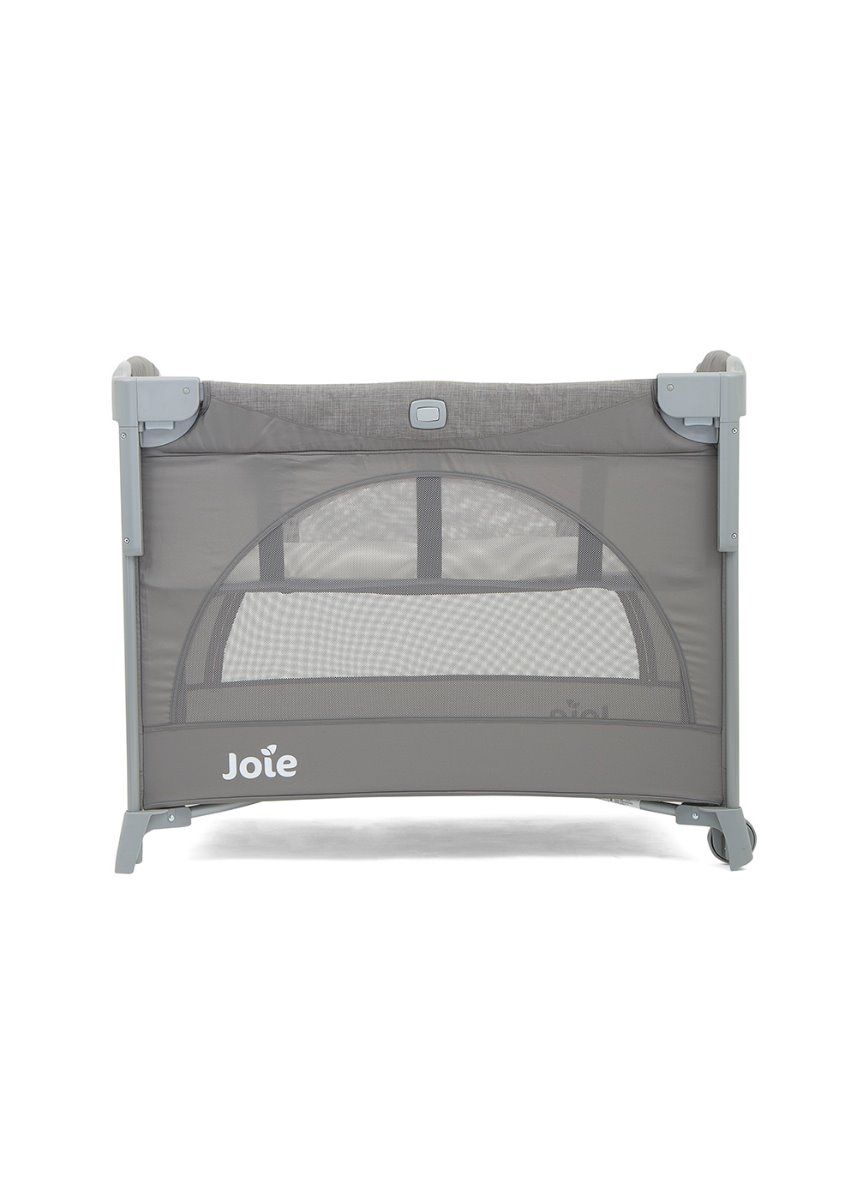 Joie Kubbie Sleep Travel Cot - Foggy Grey side view with bassinet