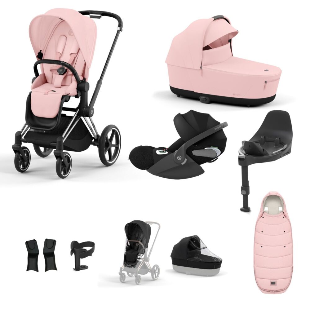 Cybex Priam Bundle Peach Pink with Chrome Black frame with Sepia Black car seat
