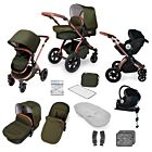 Woodland/Bronze i-Size Travel System with Isofix Base Stomp V4 showing the included items